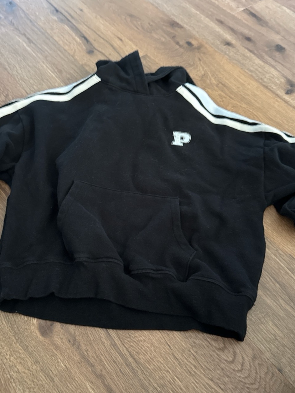 Black Hoodie with White and Light Blue Shoulder Stripes and 'P' Patch